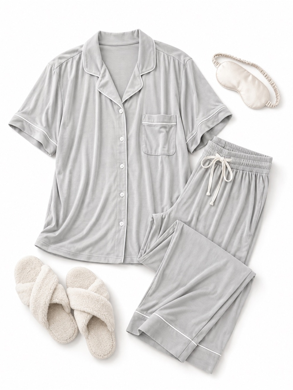 GAP Women's Short-Sleeve Button Pajama Set - Light Gray - Picture 1 of 1